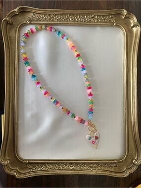 Colorful Beaded Statement Necklace Gold Tone Toggle Heart Charm Boho Fun Jewelry